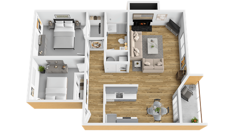 Floor plan for 2 beds, 1 bath, 970 sqft