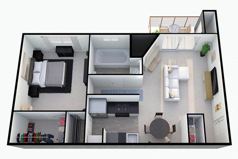 Floor plan for 1 bed, 1 bath, 630 sqft