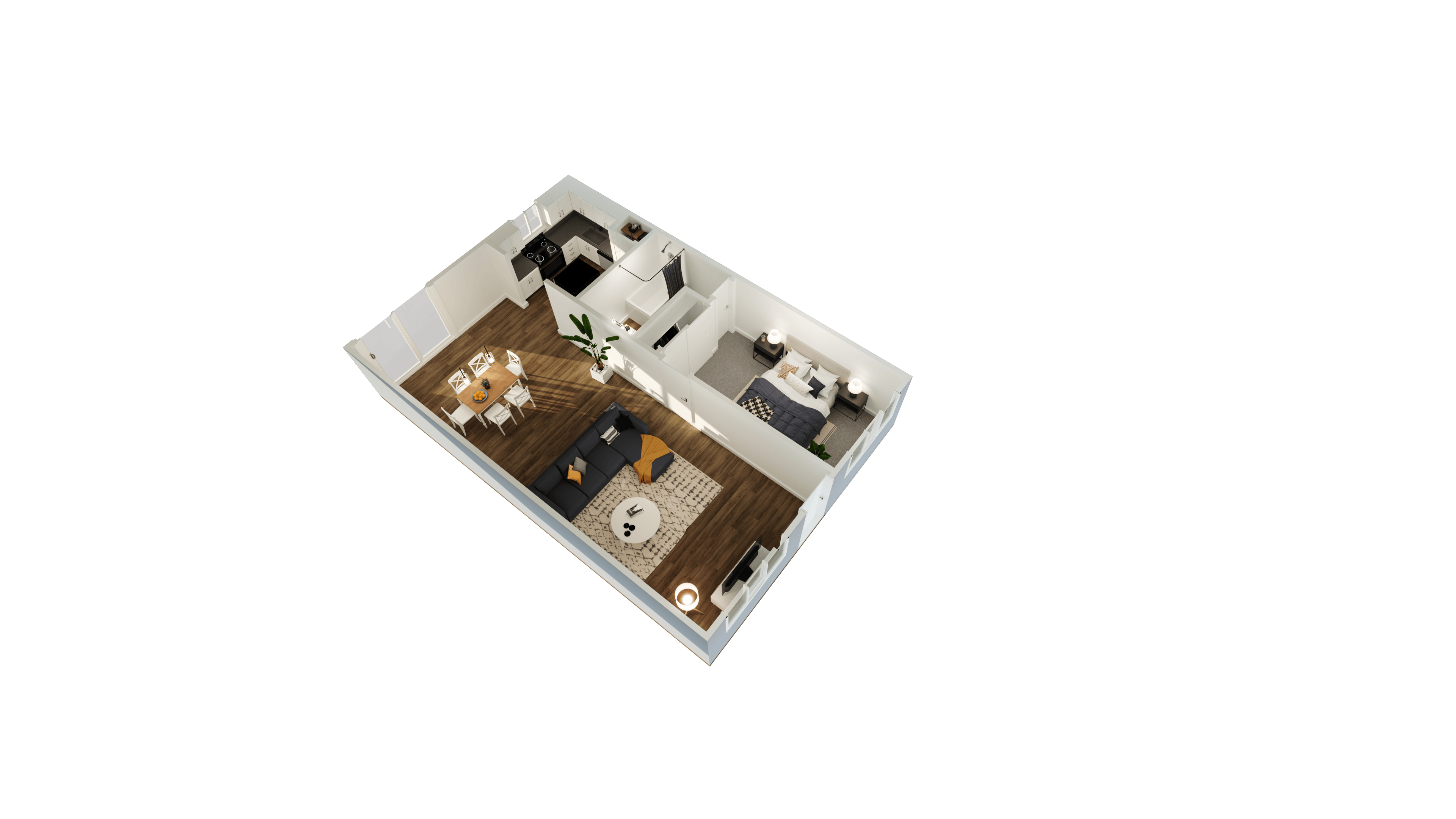 Floor plan for 1 bed, 1 bath, 600 sqft
