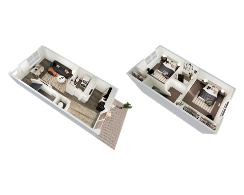 Floor plan for 2 beds, 1.5 baths, 950 sqft