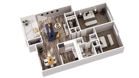 Floor plan for 2 beds, 1 bath, 950 sqft