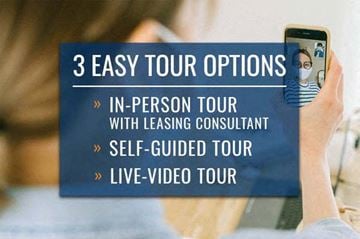 Tigard apartment for rent - A person holding a phone with a video call on the screen and text about tour options.