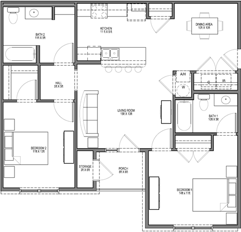 Floor plan for 2 beds, 2 baths, 1100 sqft