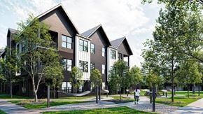 Knoxville apartment for rent - a rendering of a row of houses with trees and a sidewalk