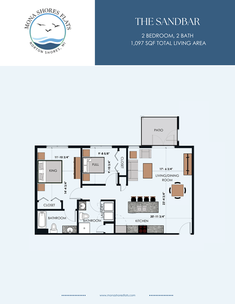 Floor plan for 2 beds, 2 baths, 1097 sqft