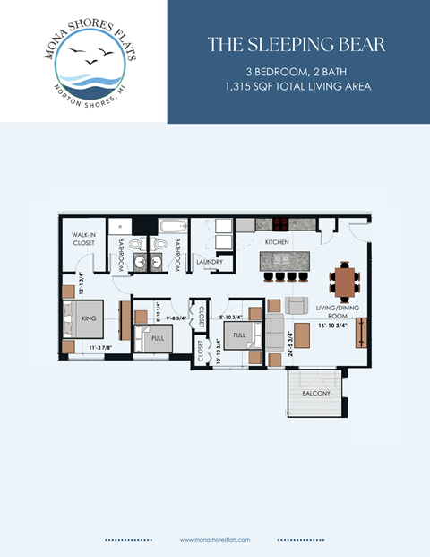 Floor plan for 3 beds, 2 baths, 1421 sqft