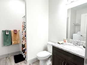 Norton Shores apartment for rent - A white toilet sits next to a sink in a bathroom.