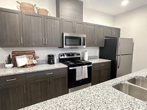 Norton Shores apartment for rent - A kitchen with a black stove top oven and a black refrigerator.
