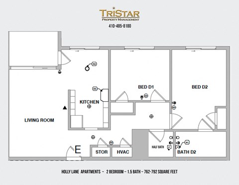 Floor plan for 2 beds, 1.5 baths, 792 sqft