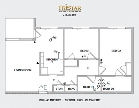 Floor plan for 2 beds, 2 baths, 792 sqft