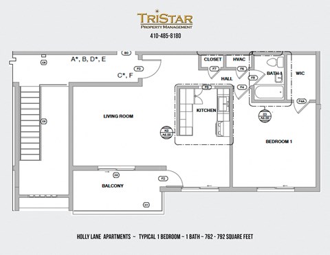 Floor plan for 1 bed, 1 bath, 792 sqft