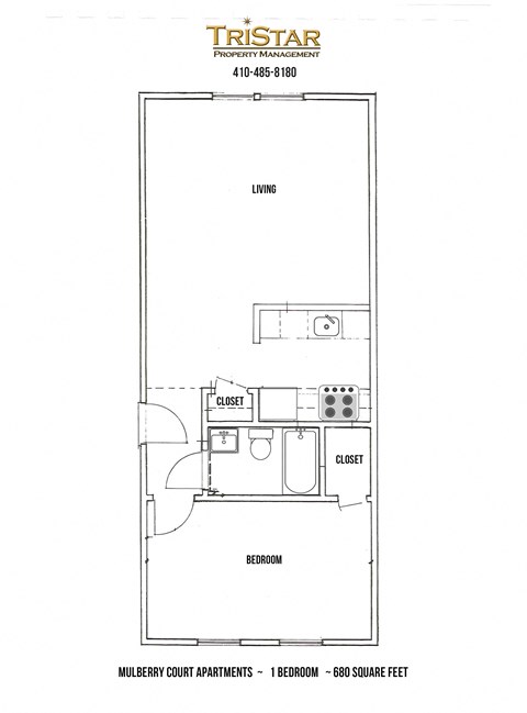 Floor plan for 1 bed, 1 bath, 615 sqft