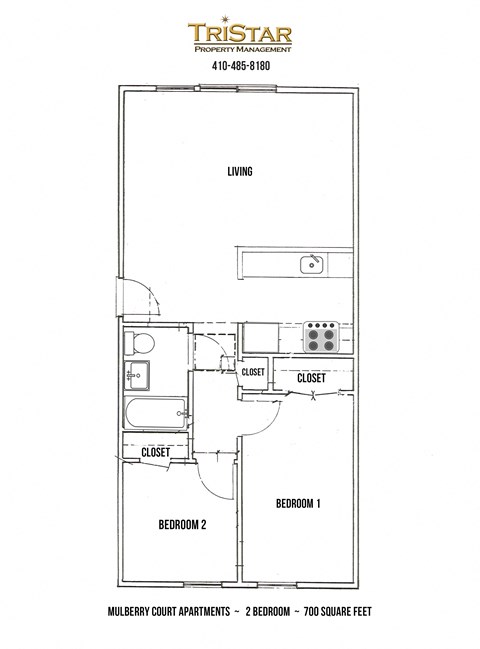 Floor plan for 2 beds, 1 bath, 882 sqft
