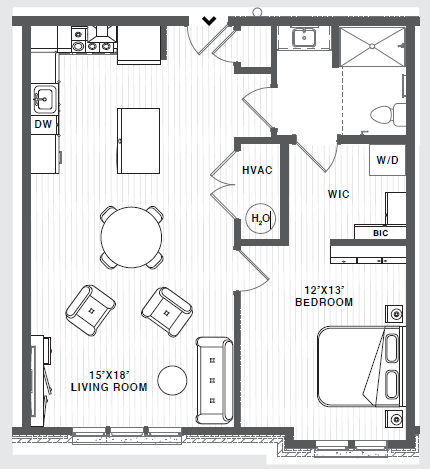 Floor plan for 1 bed, 1 bath, 820 sqft
