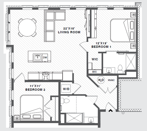 Floor plan for 2 beds, 2 baths, 1121 sqft