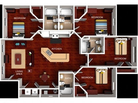 Floor plan for 4 beds, 4 baths, 1484 sqft