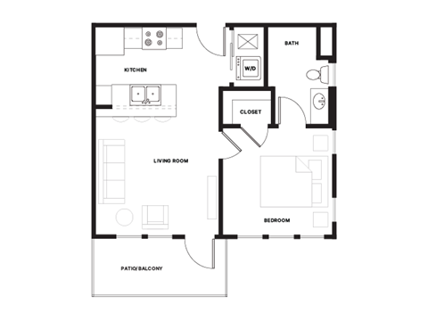 Floor plan for 1 bed, 1 bath, 565 sqft
