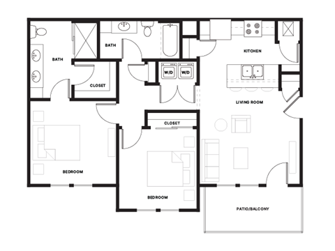 Floor plan for 2 beds, 2 baths, 978 sqft