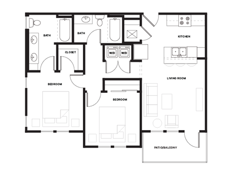 Floor plan for 2 beds, 2 baths, 912 sqft