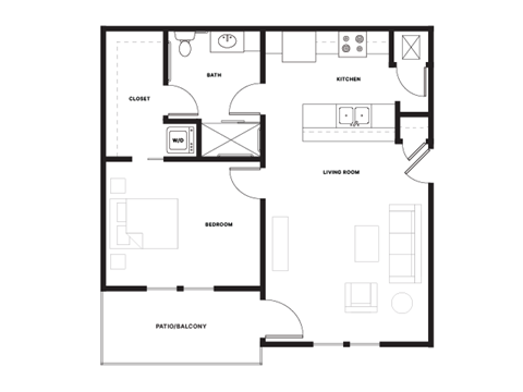 Floor plan for 1 bed, 1 bath, 771 sqft