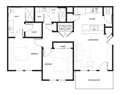 Floor plan for 2 beds, 2 baths, 978 sqft