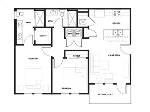 Floor plan for 2 beds, 2 baths, 912 sqft