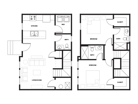 Floor plan for 2 beds, 2.5 baths, 1234 sqft
