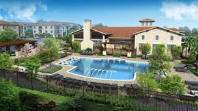 Georgetown apartment for rent - aerial view of pool nestled in between green space
