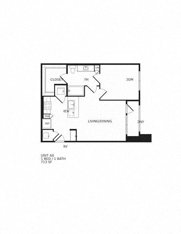 Floor plan for 1 bed, 1 bath, 766 sqft