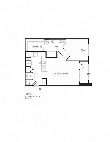 Floor plan for 1 bed, 1 bath, 768 sqft