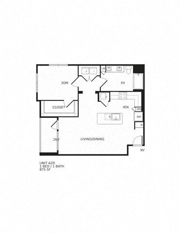 Floor plan for 1 bed, 1 bath, 909 sqft