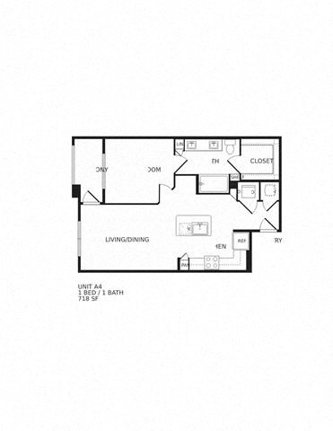 Floor plan for 1 bed, 1 bath, 718 sqft