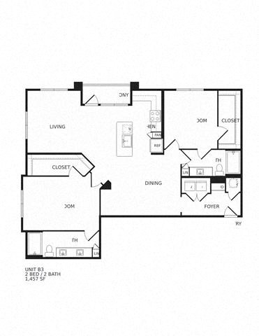 Floor plan for 2 beds, 2 baths, 1457 sqft
