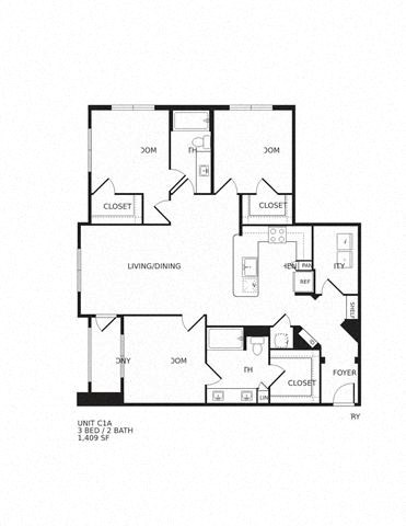 Floor plan for 3 beds, 2 baths, 1409 sqft