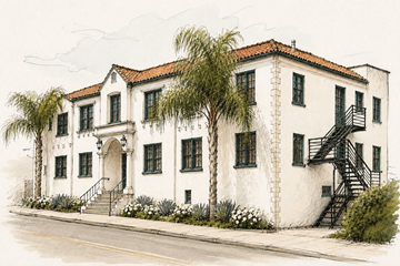 Ventura apartment for rent - A white building with a red tile roof and a black staircase.