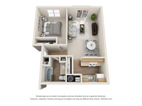 Floor plan for 1 bed, 1 bath, 630 sqft