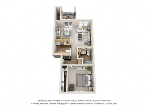 Floor plan for 1 bed, 1 bath, 661 sqft