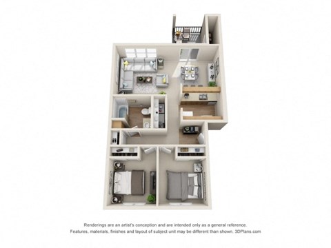 Floor plan for 2 beds, 1 bath, 848 sqft