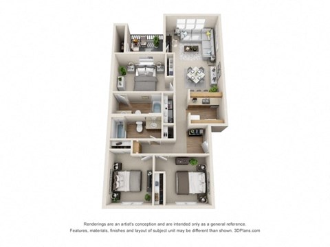 Floor plan for 3 beds, 2 baths, 1095 sqft