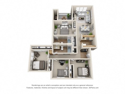Floor plan for 4 beds, 2 baths, 1303 sqft