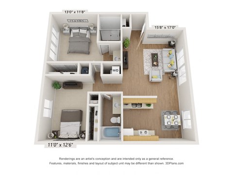 Floor plan for 2 beds, 2 baths, 973 sqft