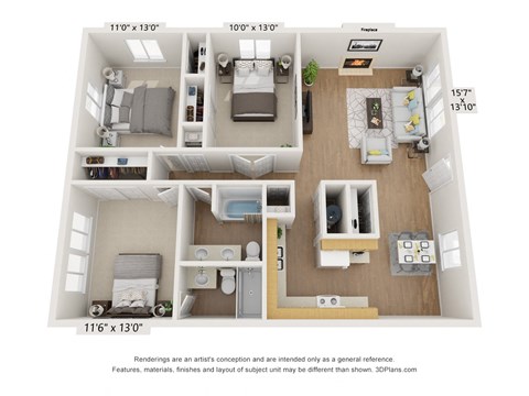 Floor plan for 3 beds, 2 baths, 1348 sqft