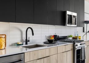 Chicago apartment for rent - a kitchen with a sink and a stove and black cabinets