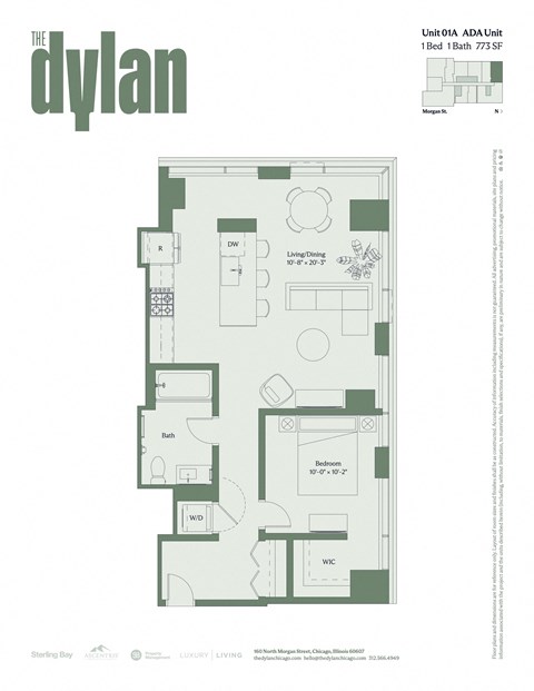 Floor plan for 1 bed, 1 bath, 773 sqft