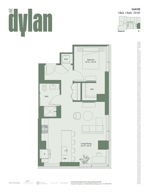 Floor plan for 1 bed, 1 bath, 751 sqft