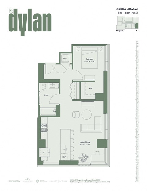 Floor plan for 1 bed, 1 bath, 751 sqft