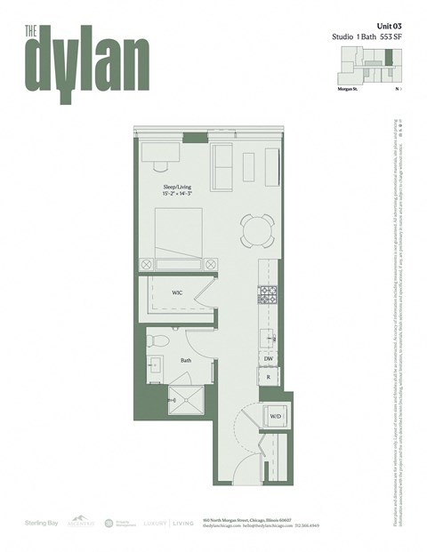 Floor plan for studio, 1 bath, 553 sqft