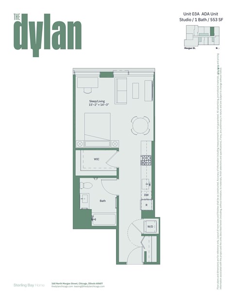 Floor plan for studio, 1 bath, 553 sqft