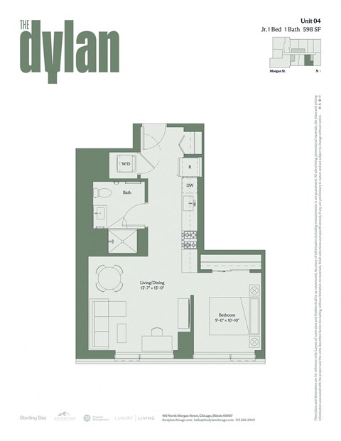 Floor plan for 1 bed, 1 bath, 598 sqft