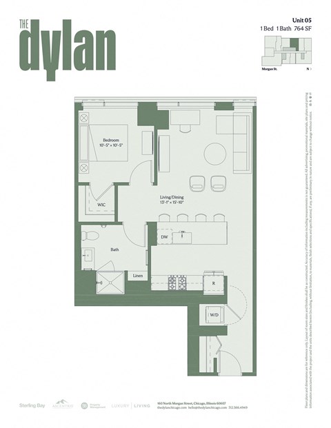 Floor plan for 1 bed, 1 bath, 764 sqft